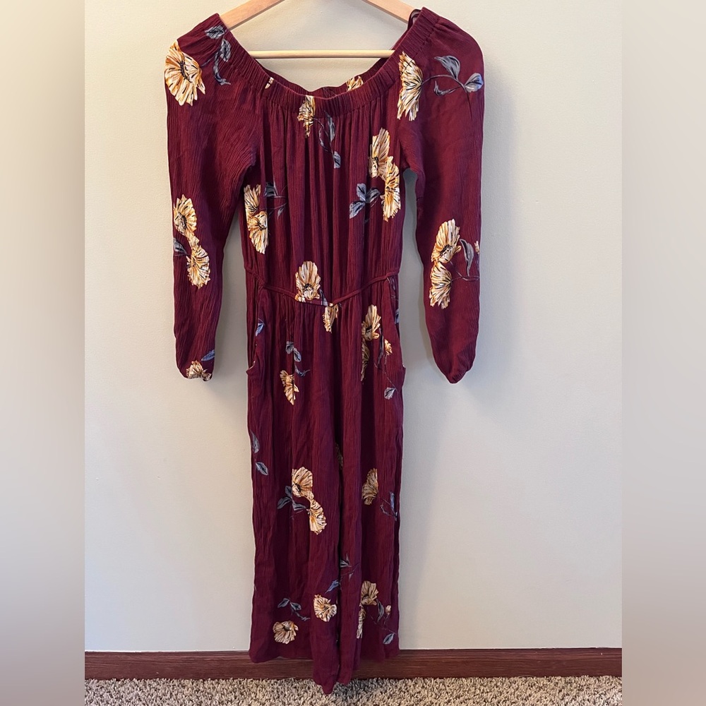 Love, Fire Burgundy Floral Long Sleeve Jumpsuit – Elegant & Flowy